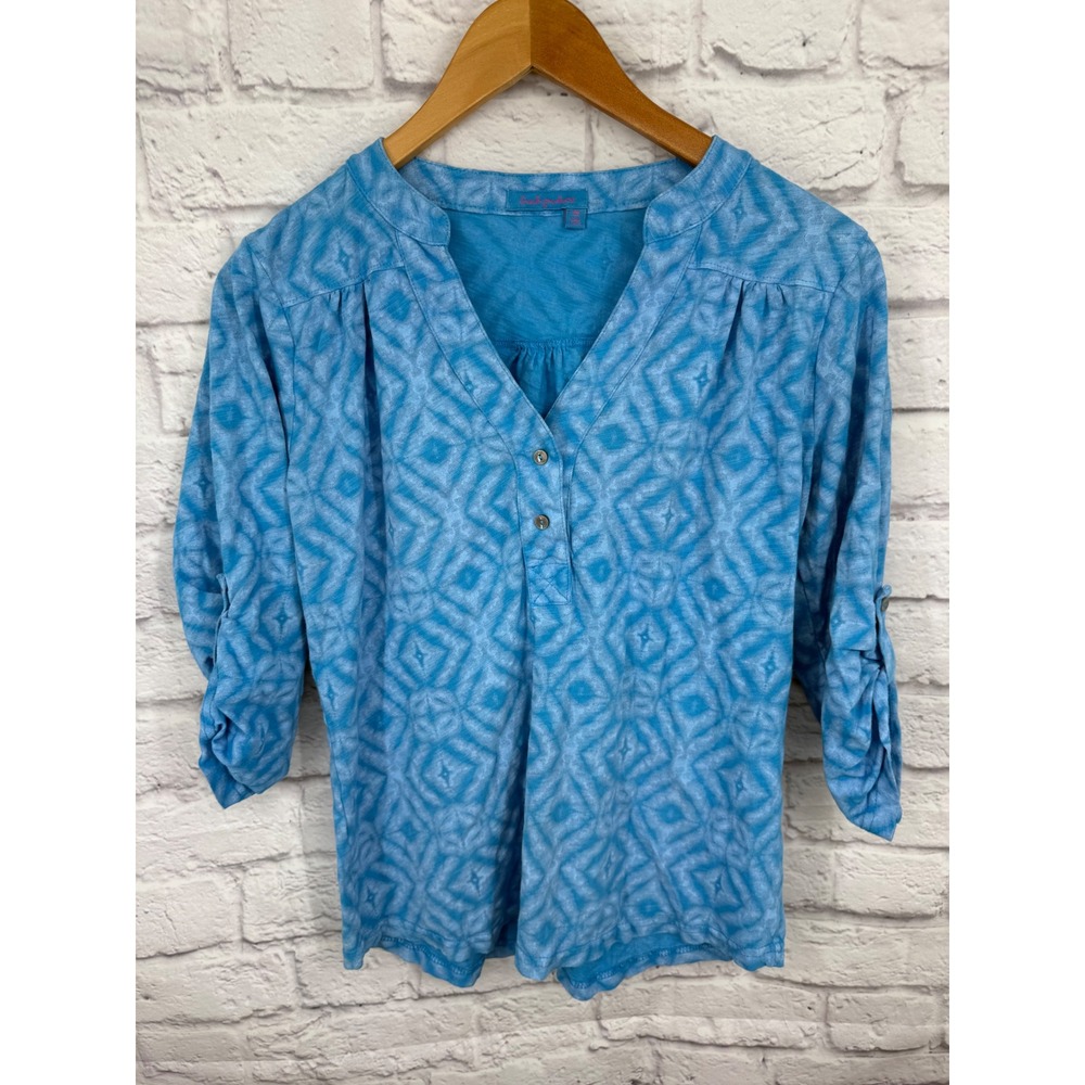 Fresh Produce Blue Tie Dye Geometric Print Henley Top Women's Small Coastal Boho - Picture 2 of 9